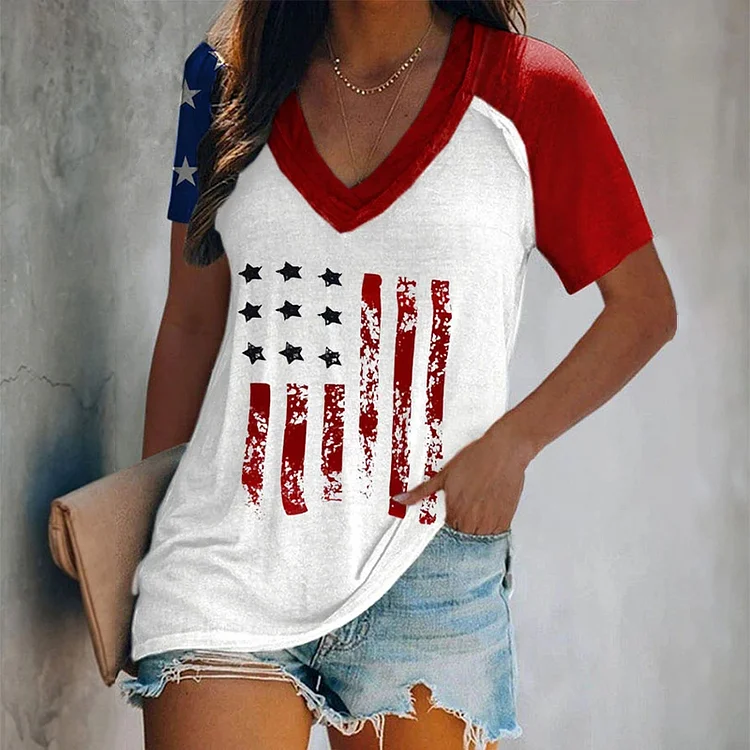 Comstylish America Flag Print Color Block Print T Shirt