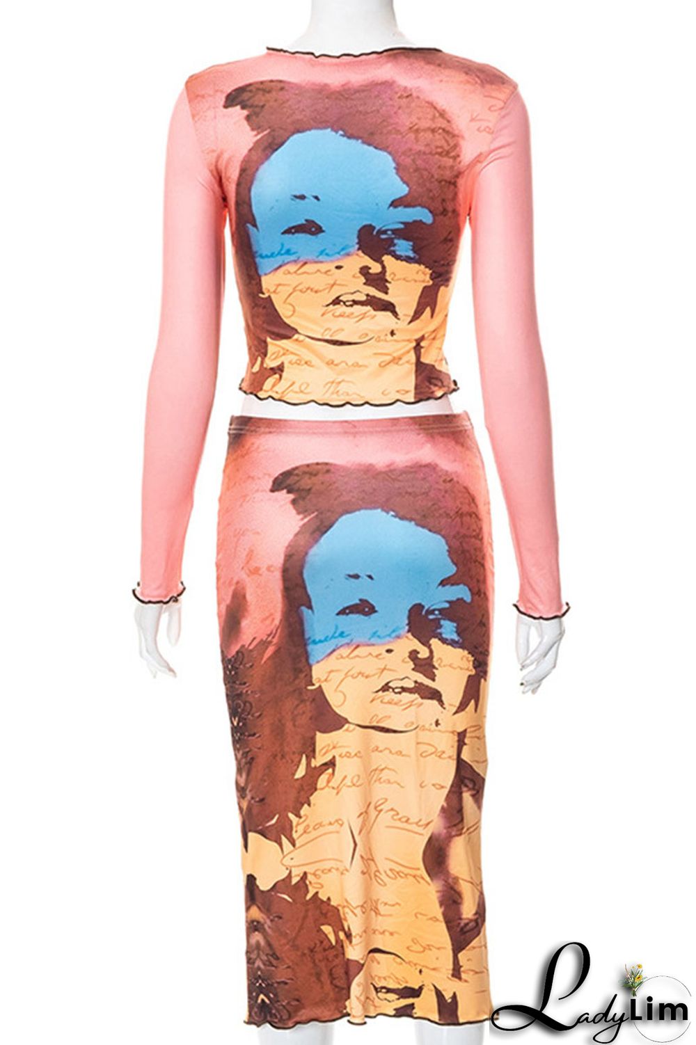 Pink Brown Casual Street Print Patchwork O Neck Long Sleeve Two Pieces