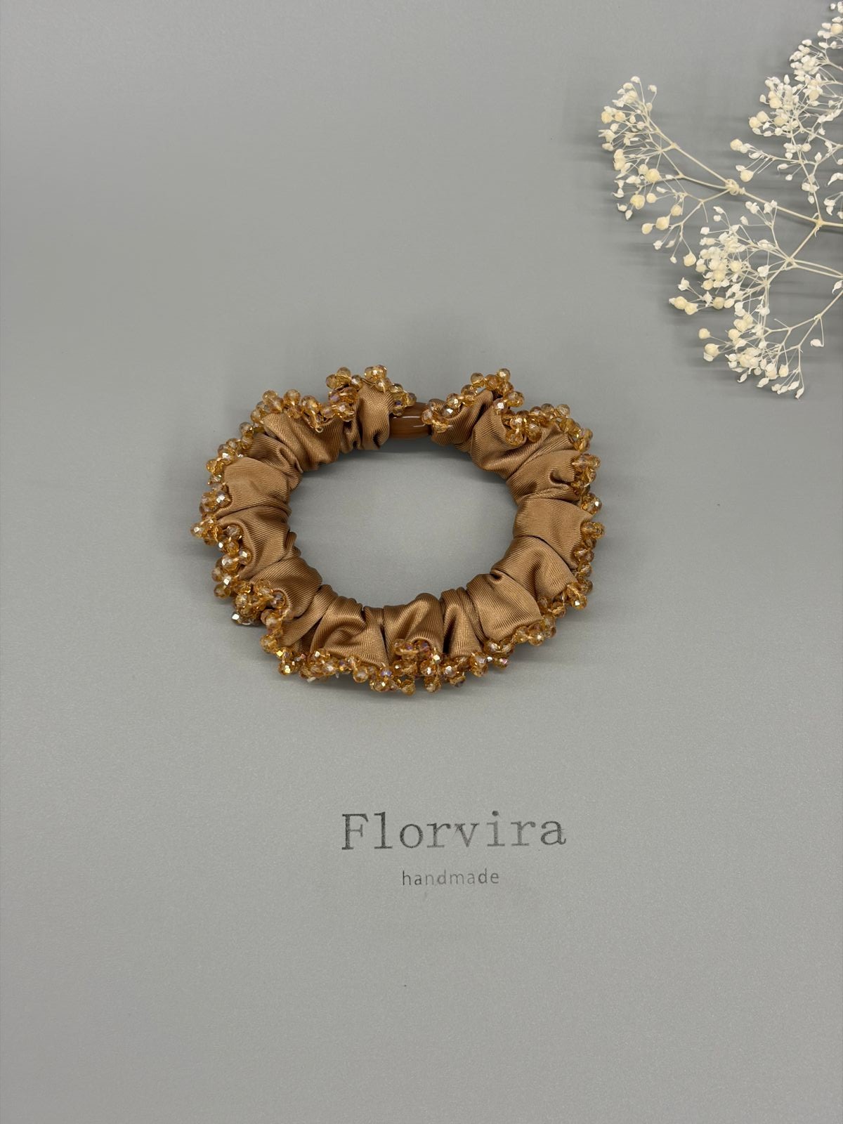 Coffee satin scrunchie with handmade champagne crystal beaded edge #1