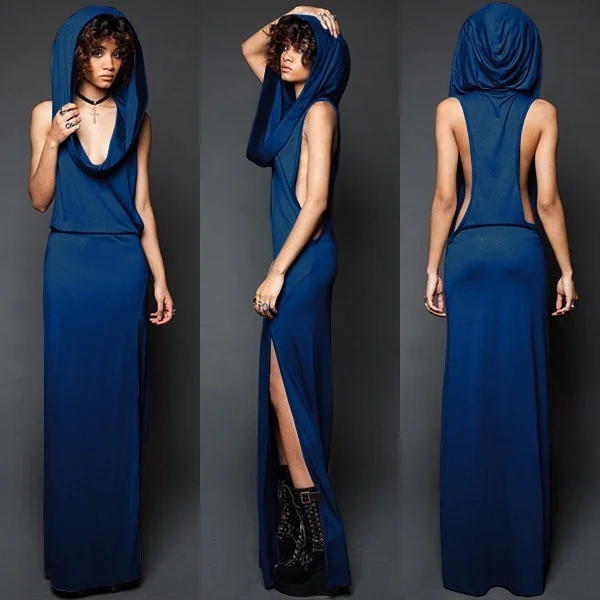 TOP Women Vintage Slim Hooded Dress Medieval Style Sexy Long Dress Solid Sleeveless Skinny Dress