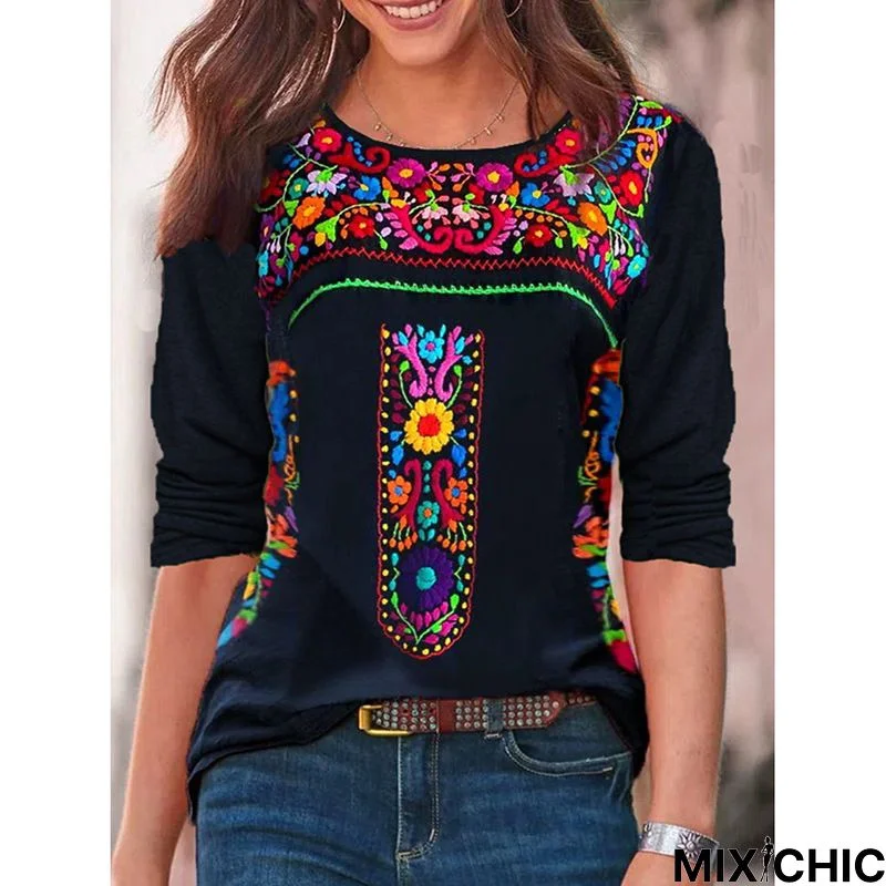 Casual Long Sleeve V Neck Printed Top T-shirt