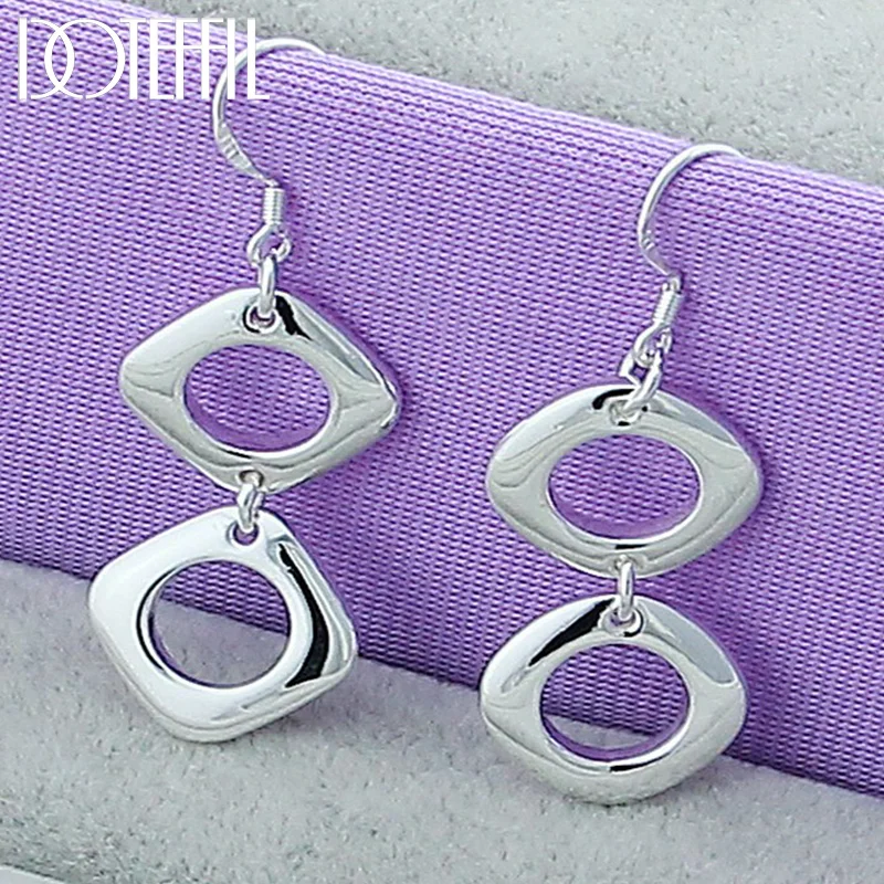 DOTEFFIL 925 Sterling Silver Square Round Geometry Drop Earrings For Woman Jewelry