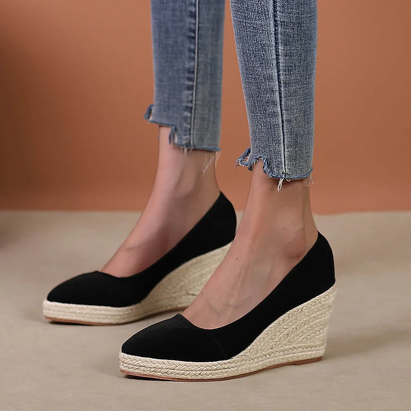 Wongn Wongn And Autumn Slope With Thick Platform High Heel Pointed Single Shoes Women Grass Hemp Rope Bottom