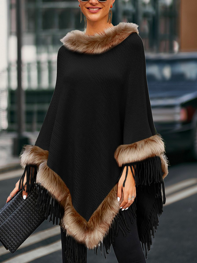 Women's Casual Oversized Fur Collar Fringe-Hem Blanket Poncho Cape Cloak socialshop