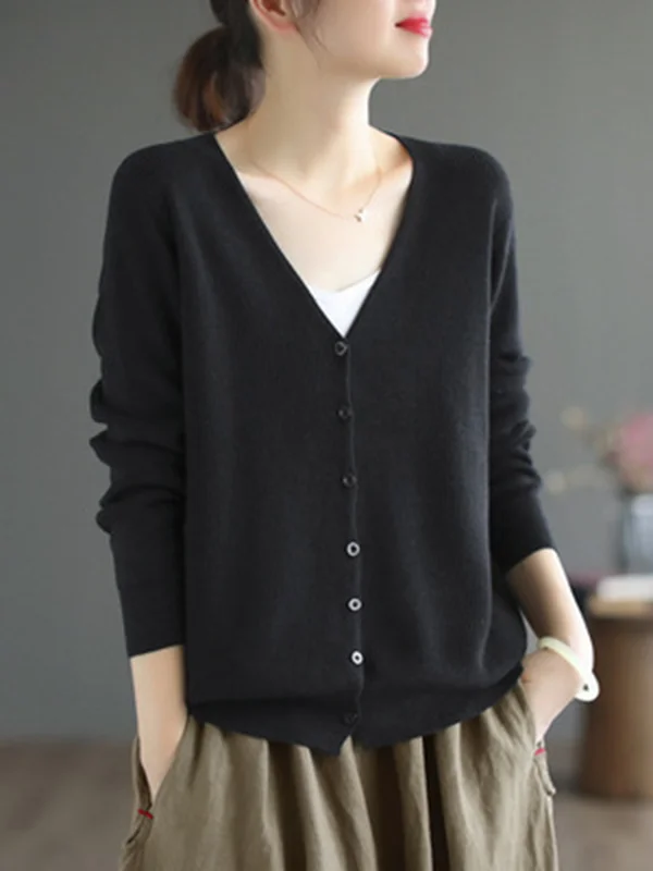 Long Sleeves Loose Solid Color V-Neck Cardigan Tops