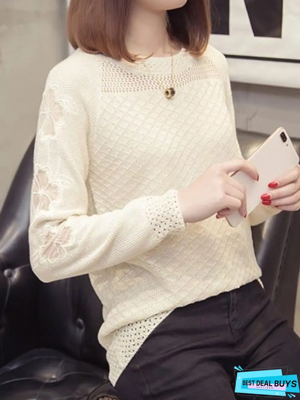 Round Neck Patchwork Elegant Plain Long Sleeve Knit Pullover