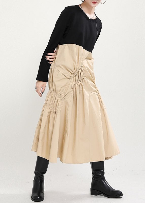 Loose Black Patchwork Khaki wrinkled Fall Maxi Dress Long sleeve CK2335- Fabulory