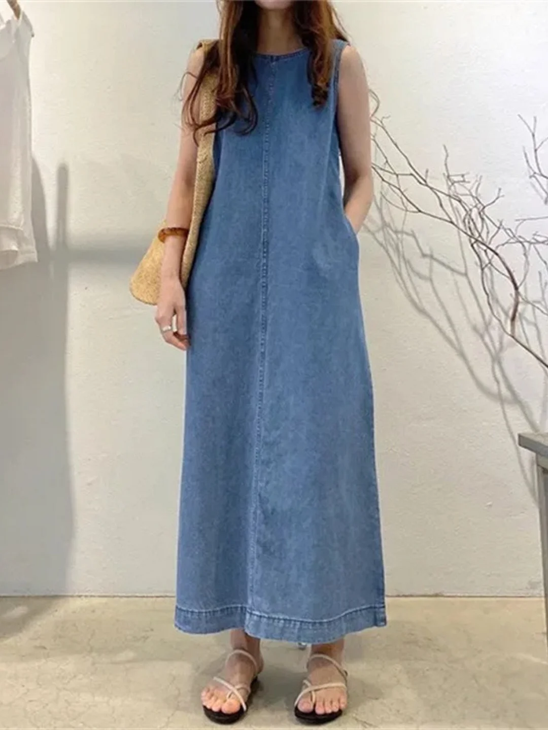 2025 New Women's Denim Dress Sleeveless Round Neck With Pockets, Adjustable Waist Belt, Loose Fit Mid-Length Elegant Casual Chic Machine Washable All-Season Versatile, Everyday Fashion, Shoulderless Design, Durable Construction | IFYHOME