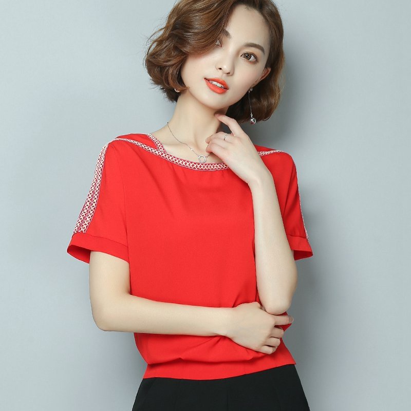 summer new 2020 chiffon women blouse shirt causal plus size short sleeve women tops solid white red yellow color blusas 0370 30