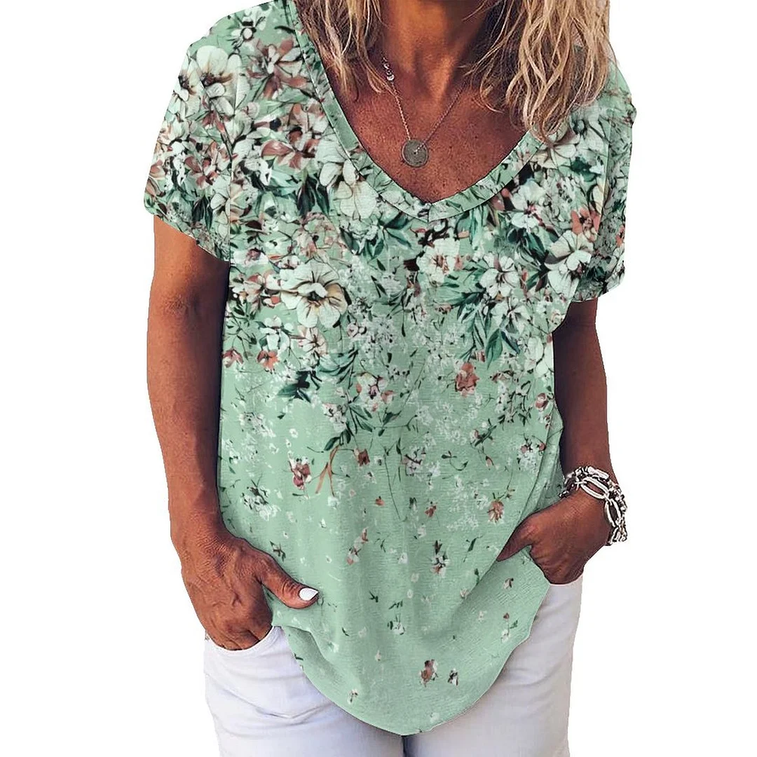 V-neck Short Sleeve Casual T-shirt for  Women Printed with Pattern Floral, Green, White
