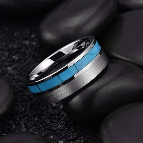 6MM 8MM Women's Or Men's Blue Turquoise Inlay Tungsten Carbide Wedding Matching Rings with Matte Silver Tone Top Comfort Fit