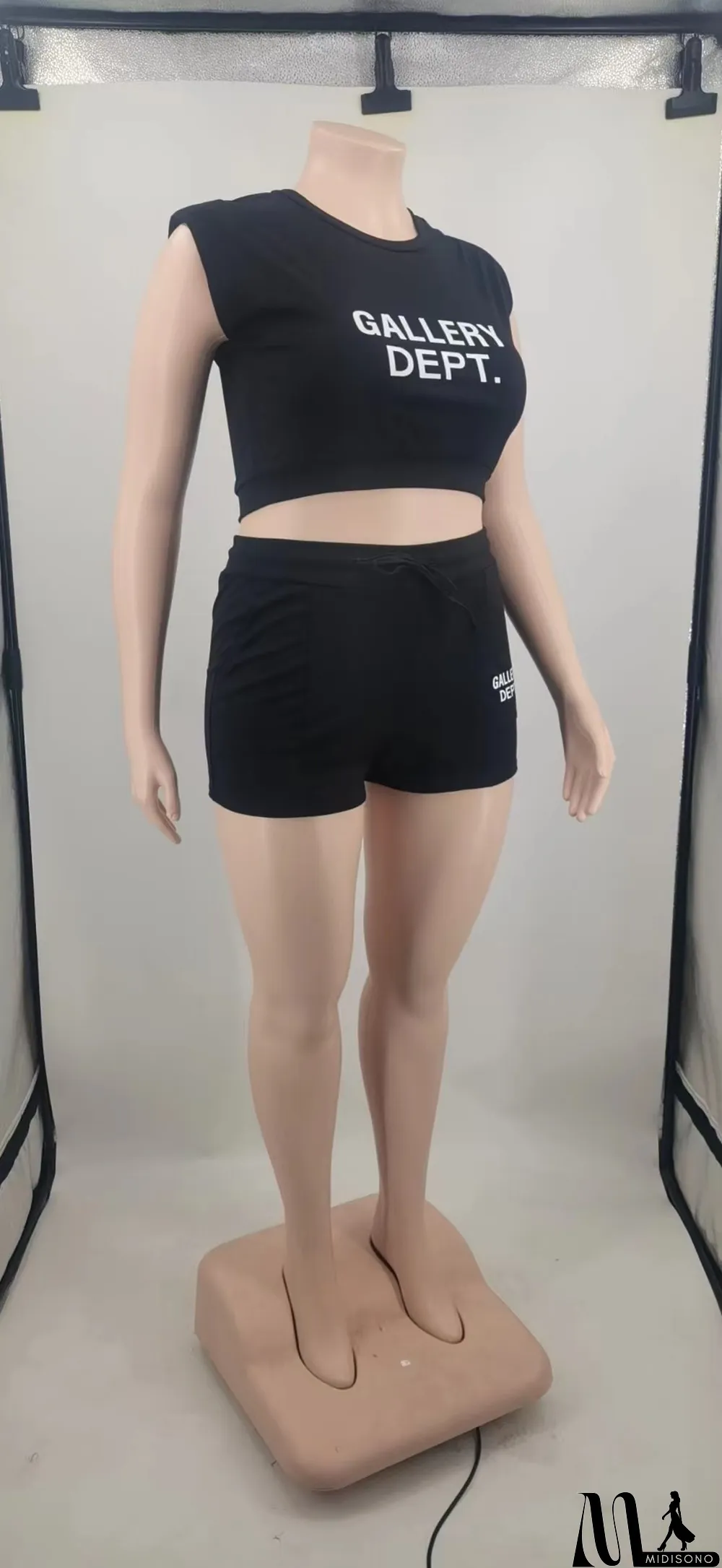 MidiSono - Plus Size Ladies Solid Letter Printed Shoulder Pads Top and Shorts Two Piece Set