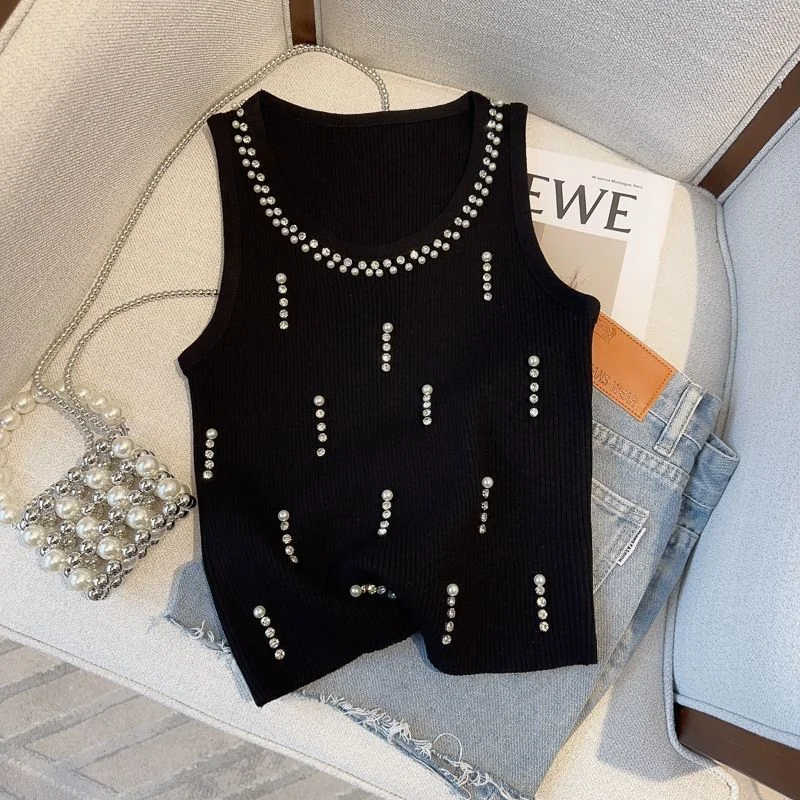 Uveng Uveng Thin Nail Bead Knitted Sling Heavyweight Vest Summer Bottom New Slim Design Sleeveless Top Wear
