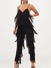 Spaghetti-Neck Backless Tasseled Solid Color Stylish Jumpsuit