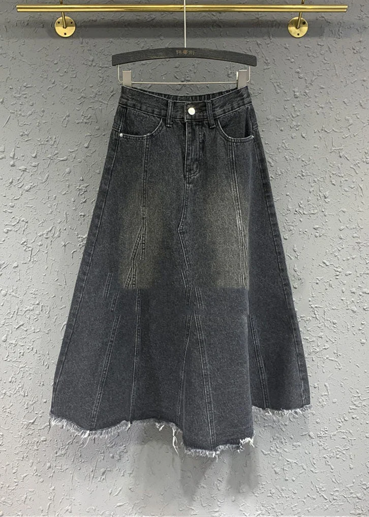 Retro Black Pockets Patchwork Button Denim Maxi Skirt