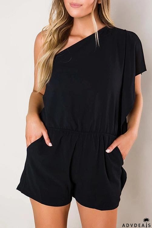Ruffles One Shoulder Pockets Romper