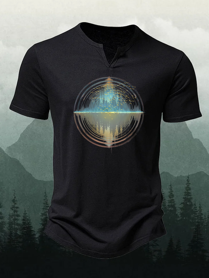Men's Geometric Sunset Forest Atmosphere Henry Collar Short-Sleeve Shirt