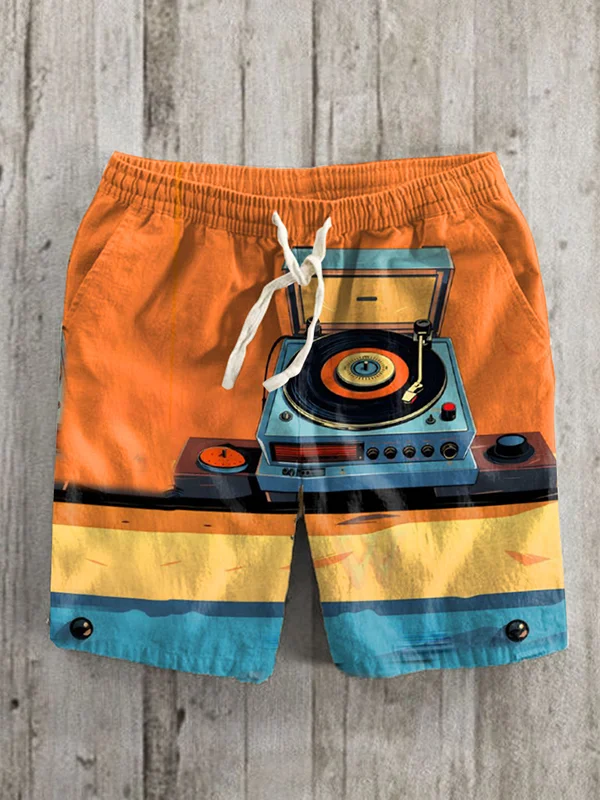 Men's Sunset Record Player Color Block Art Print Casual Shorts