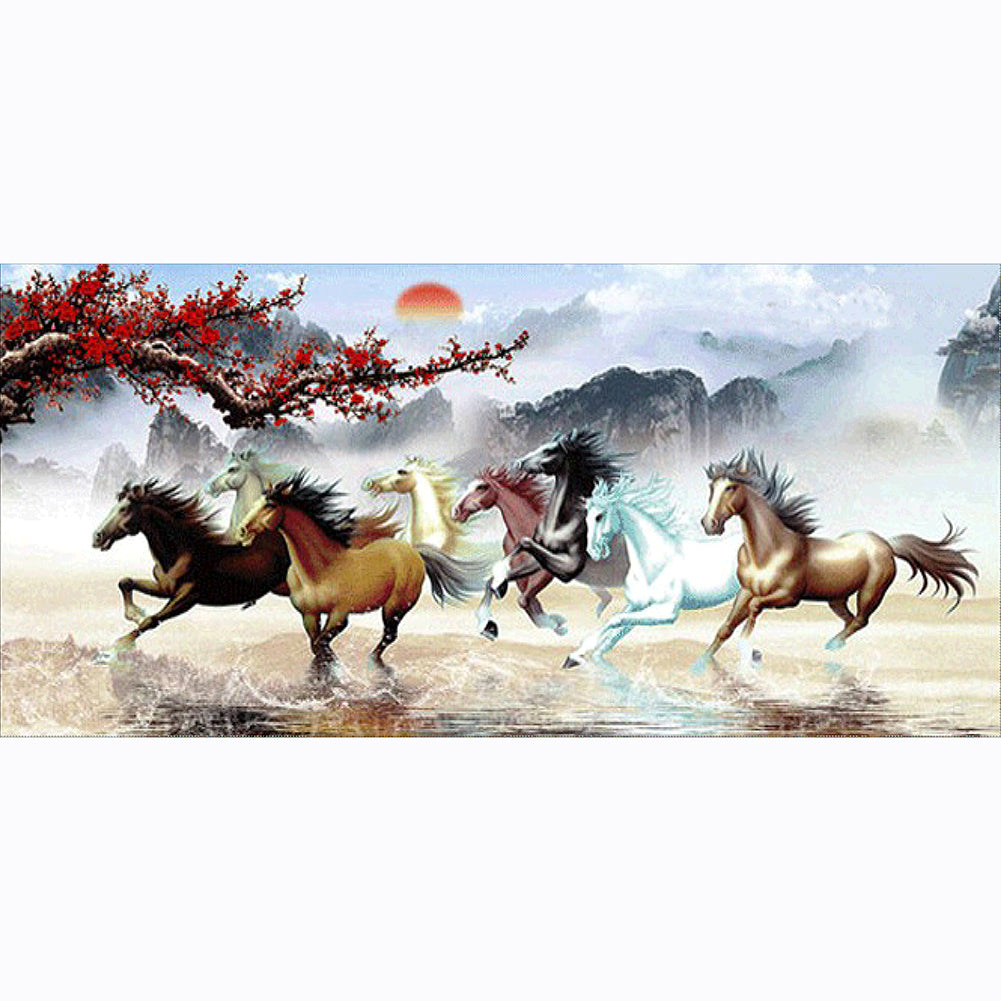 Nine Running Horses Round Full Drill Diamond Painting 100X50CM(Canvas) gbfke
