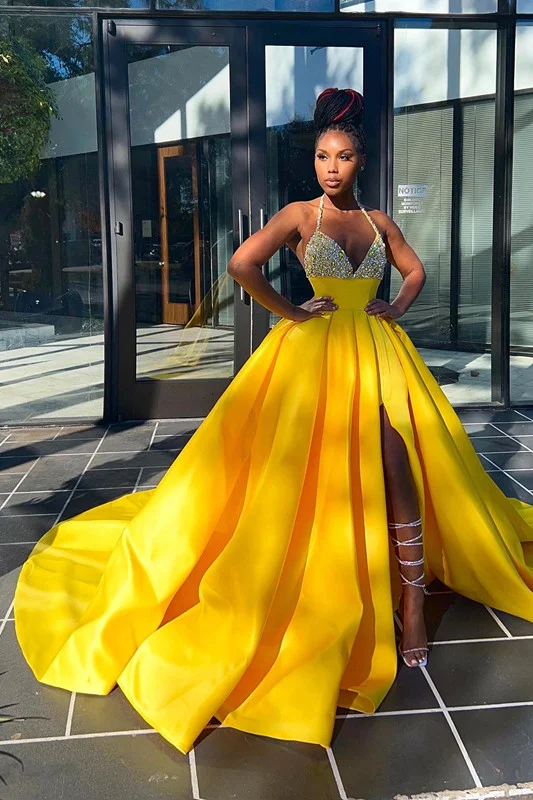 yellow elegant dresses Yellow Evening Dress Halter V Neck Mermaid Long Pleated YL0085