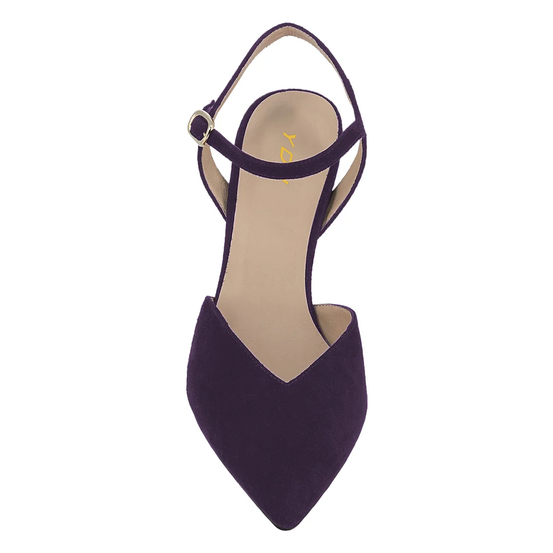 Purple Faux Suede Pointed Toe Decorative Heel Ankle Strap Pumps