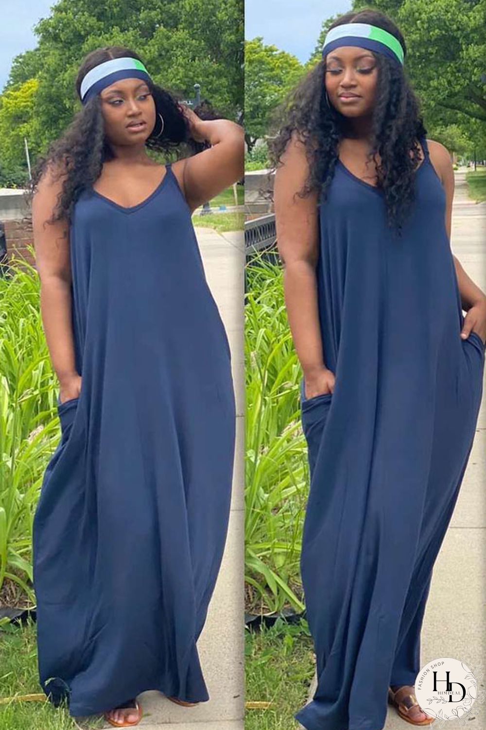 Hide Blue Sexy Black Light Blue Hide Blue Spaghetti Strap O neck Swagger Floor-Length Print Dresses