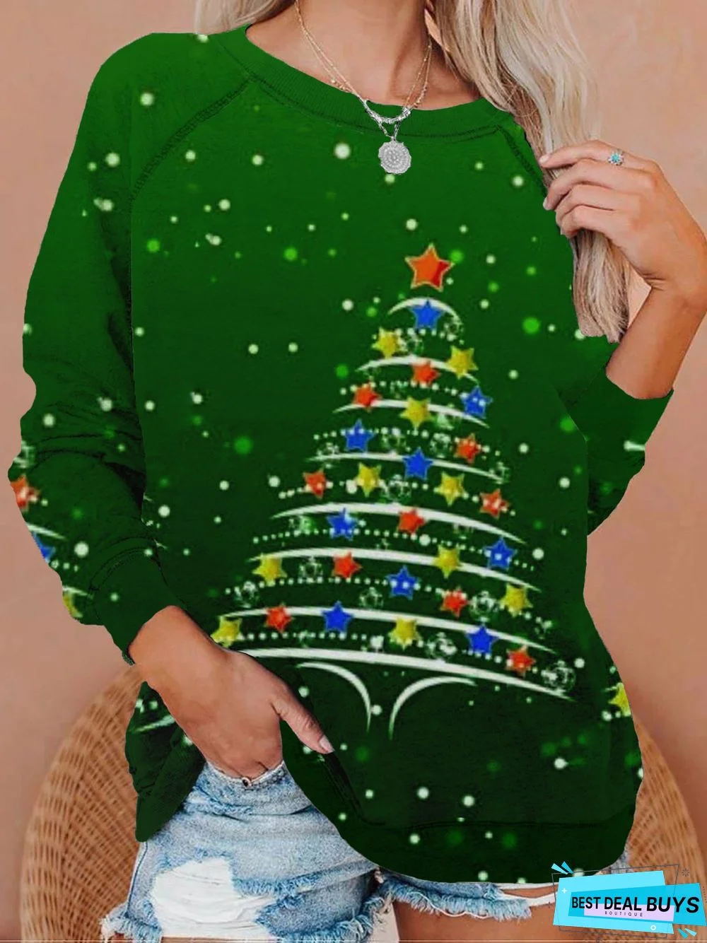 Christmas Xmas Tree Long Sleeve Round Neck Printed Top Tunic Sweatshirt