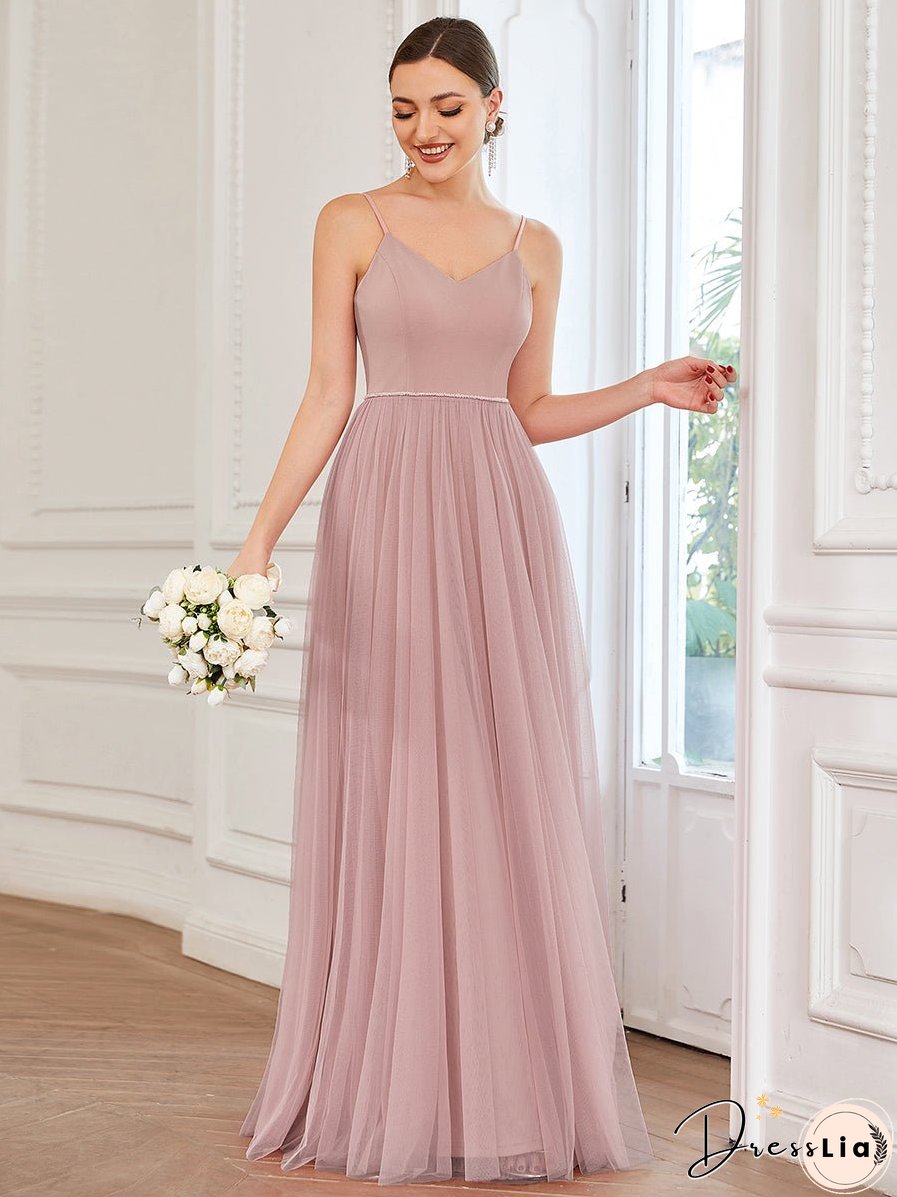 A Line Deep V Neck Spaghetti Straps Wholesale Bridesmaid Dresses