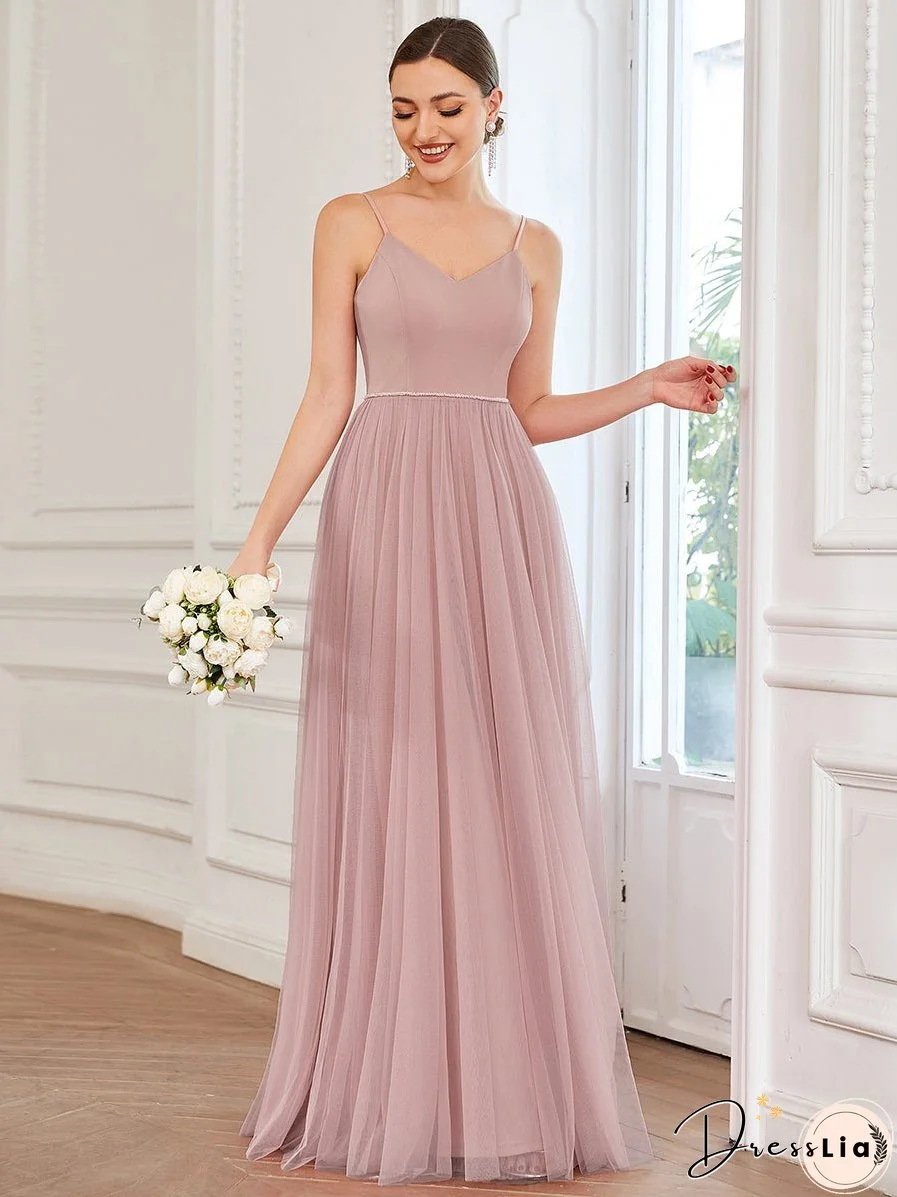 A Line Deep V Neck Spaghetti Straps Wholesale Bridesmaid Dresses