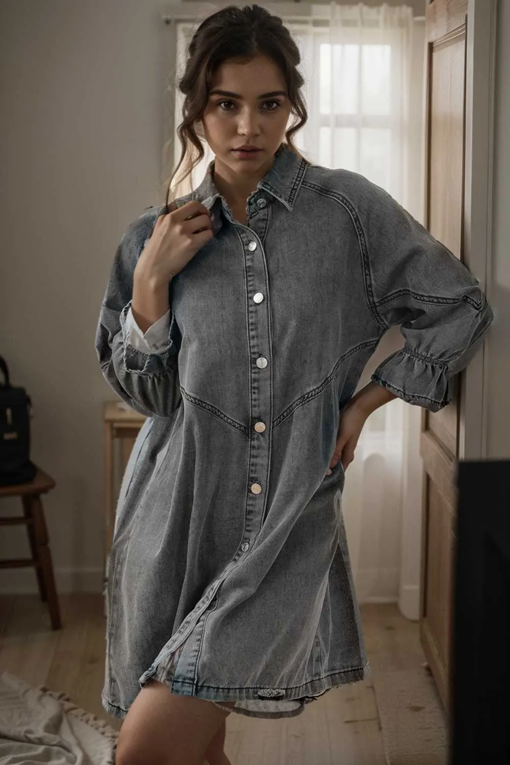 chic gray denim mini dress with button detail