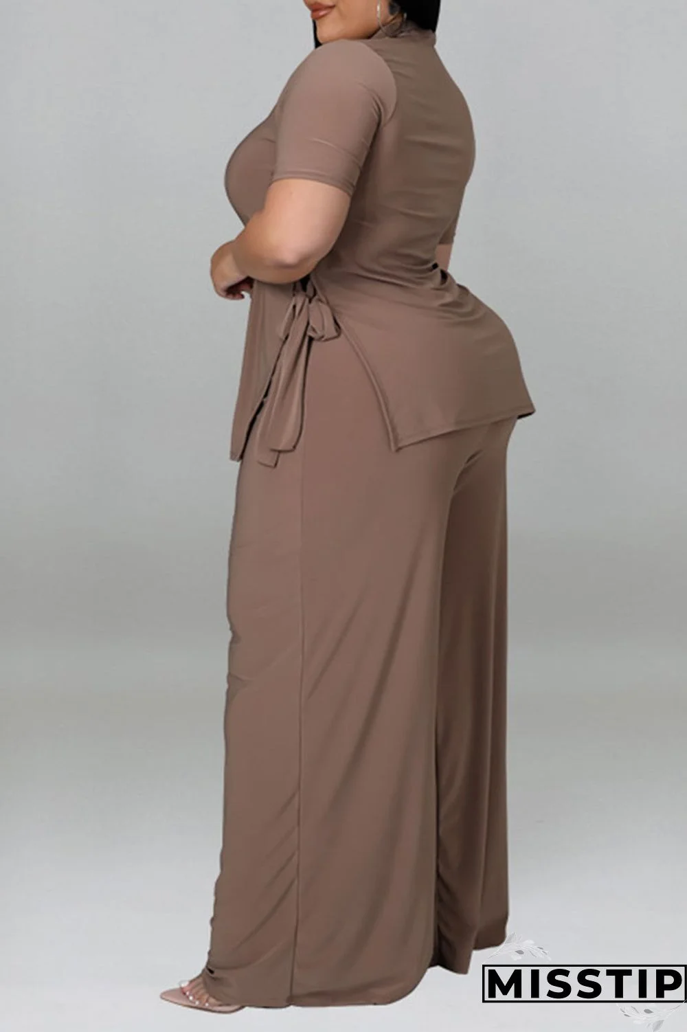 Purple Casual Solid Patchwork O Neck Plus Size Two Pieces