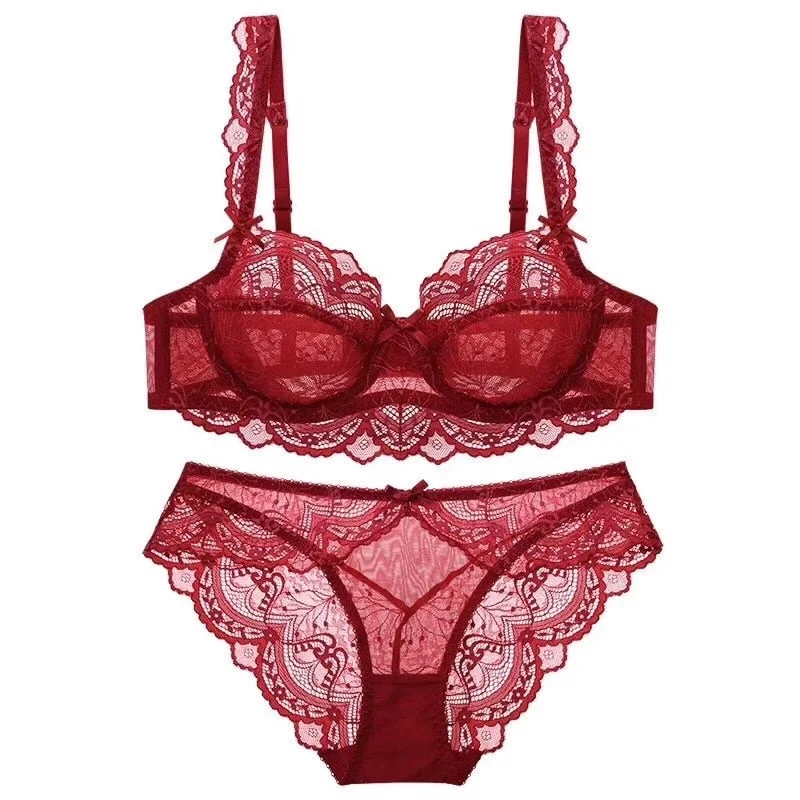 CINOON New Plus Size Bra Set Push Up Bras and Panty Set Embroidery Underwire Lingerie Set Ultrathin Underwear Set Sexy Lace Bra