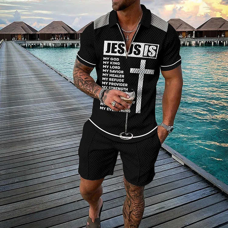 BrosWear Letter Print Easter Jesus Short Sleeve Polo Shirt And Shorts Co-Ord