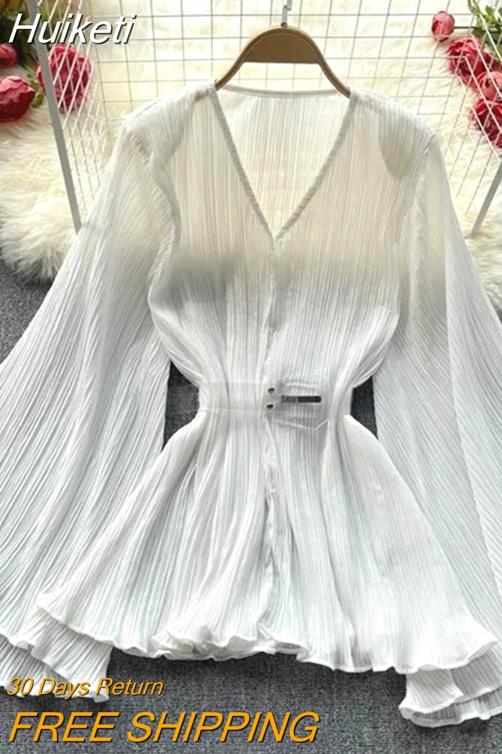 Huiketi Chiffon Flare Sleeve Women Shirts Sexy V Neck Designed Tunic White Fashion Beach Ladies Thin Tops New