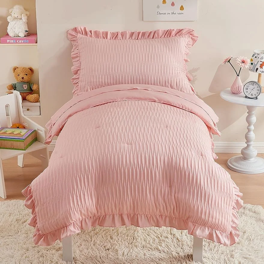 4 Piece Textured Seersucker Toddler Bedding Set Girls Crib Sheets Set Pink Ruffle Baby Bed Comforter Set Soft Lightweight Bed in a Bag | Include Comforter, Flat Sheet, Fitted Sheet, Pillowcase