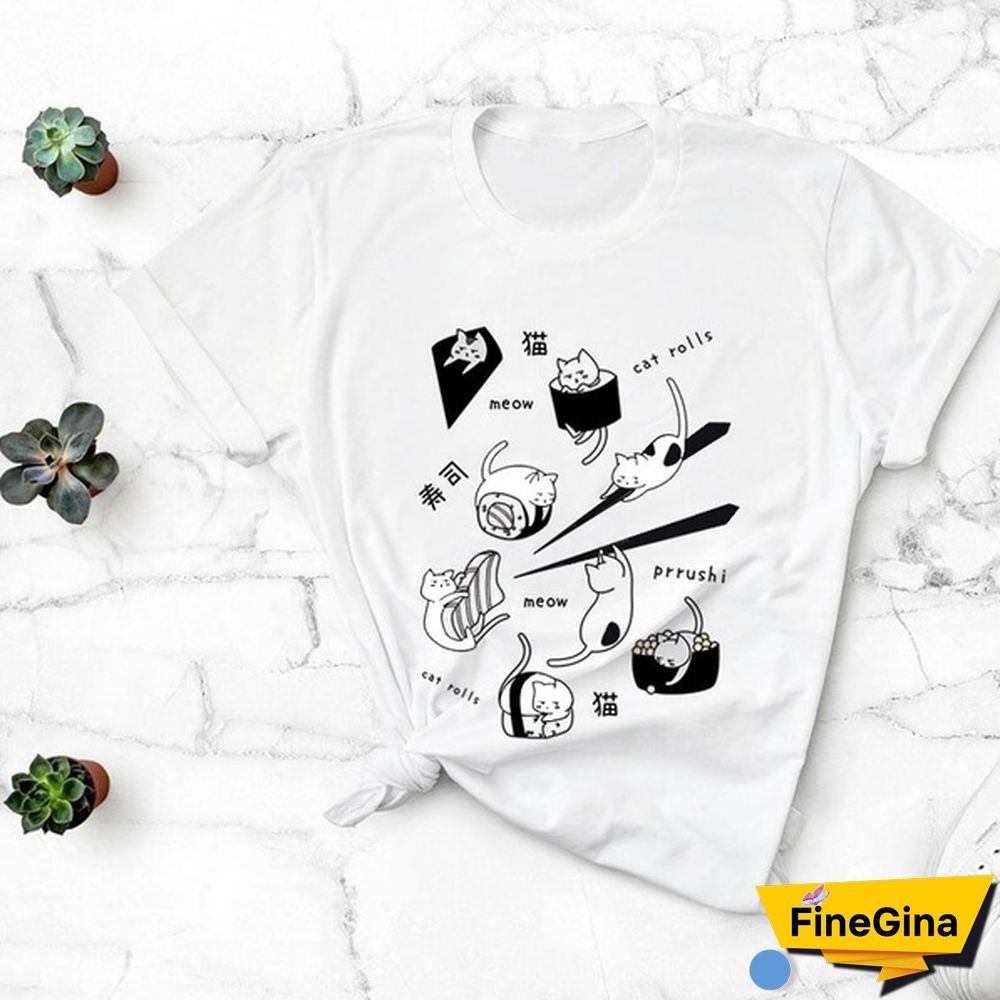 1pcs White Tees Sushi and Cat Animal Cute Cartoon Anime White Soft Slogan T-Shirt Summer Japanese Shirt Kawaii Grunge Graphic Tops Quote Outfits