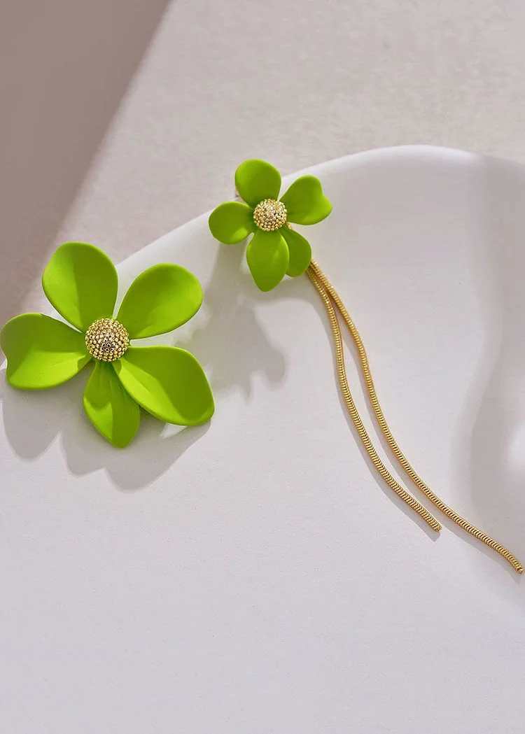Stylish Green Floral Tassel Asymmetrical Design Metal Drop Earrings