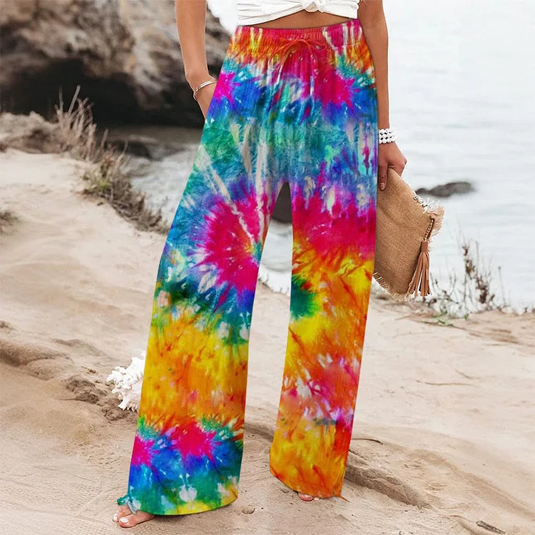 Rainbow Tie Dye Printed Wide-leg Casual Pants