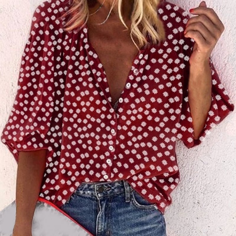 Floral Print V-neck Blouses And Tops With Button Big Size Women Clothing 2XL Plus Size Women Tunic Shirt 2020 Autumn