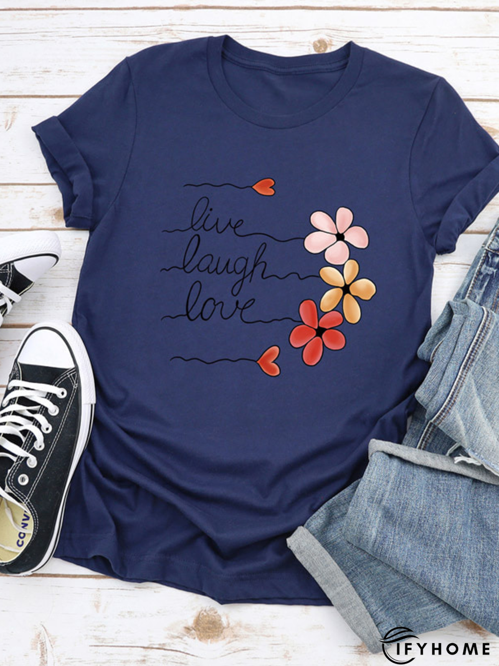 Crew Neck Basics Loose Cotton-Blend T-shirt | IFYHOME