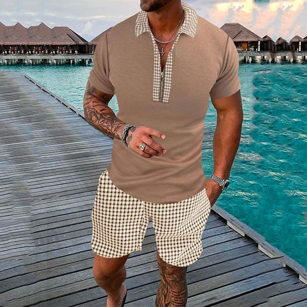 MEN'S HOUNDSTOOTH PRINTED SHORT SLEEVE SUIT