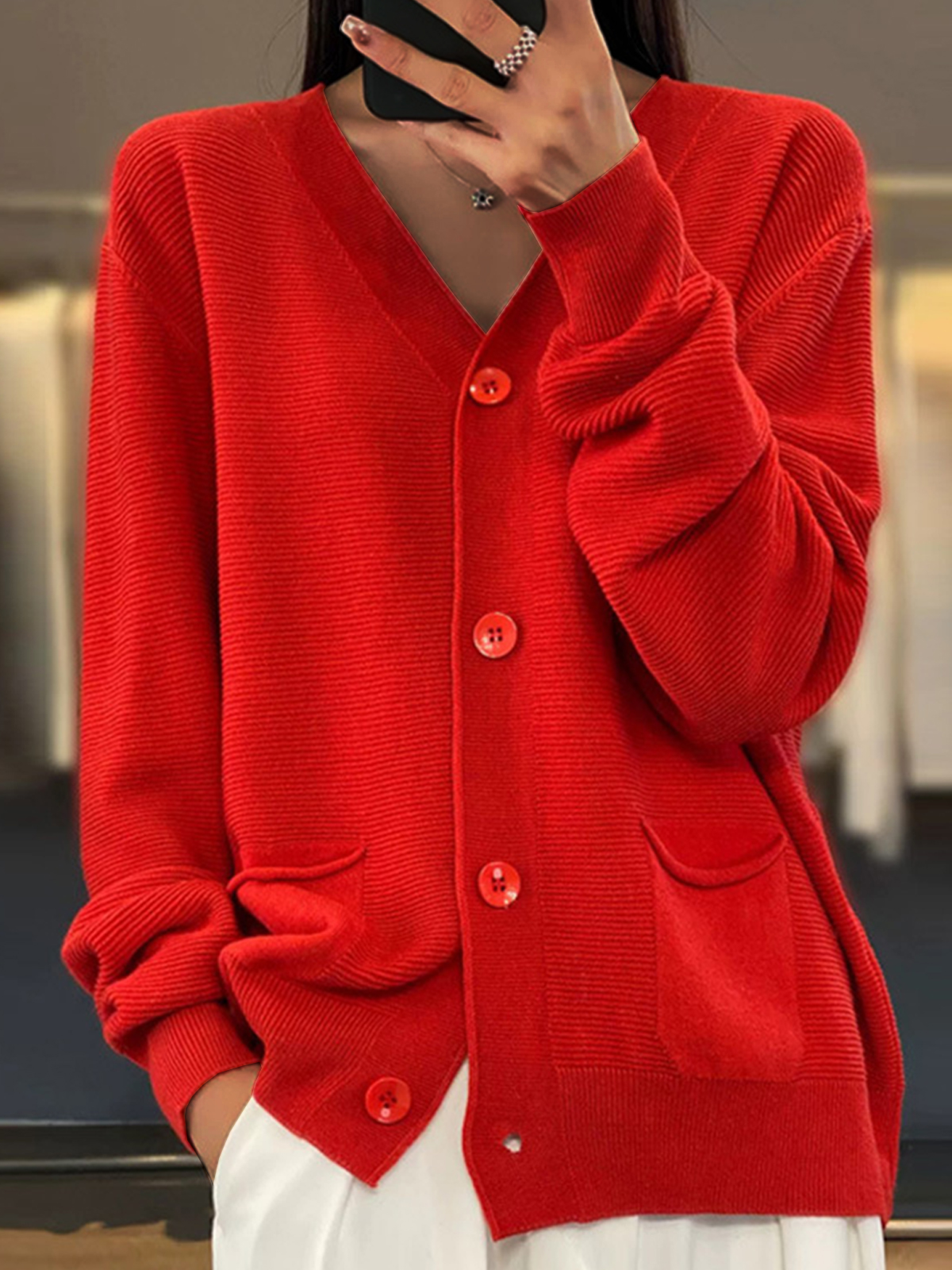 Women's V-neck Knitted Cardigan Loose Sweater