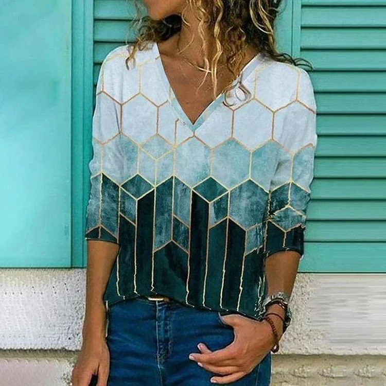 Wearshes Geometry Color Block V Neck Long Sleeve T-Shirt