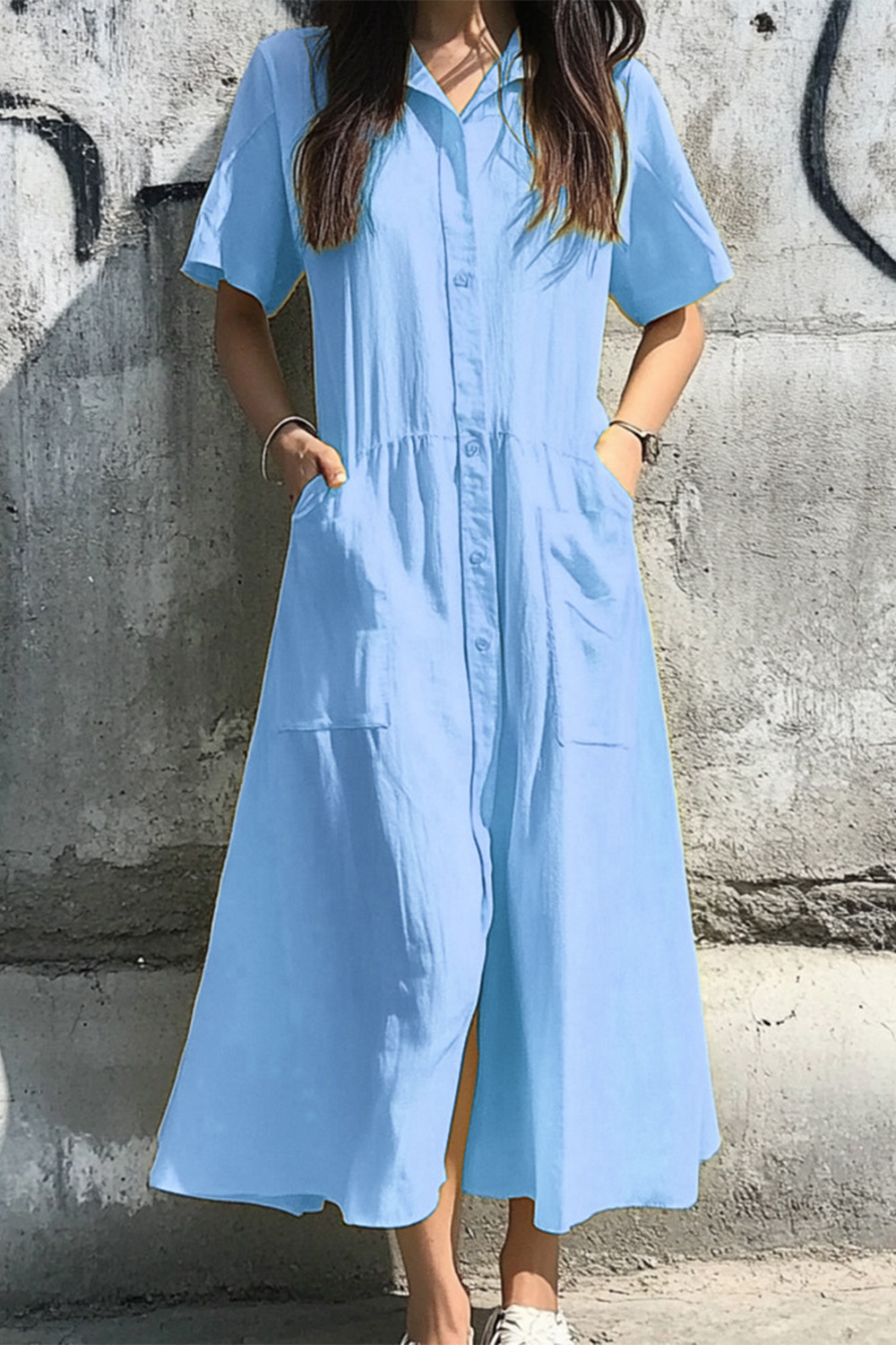 Plus Size Everyday Sky Blue Cotton And Linen Shirt Collar Button Pocket Midi Dress 2024 - Flycurvy 