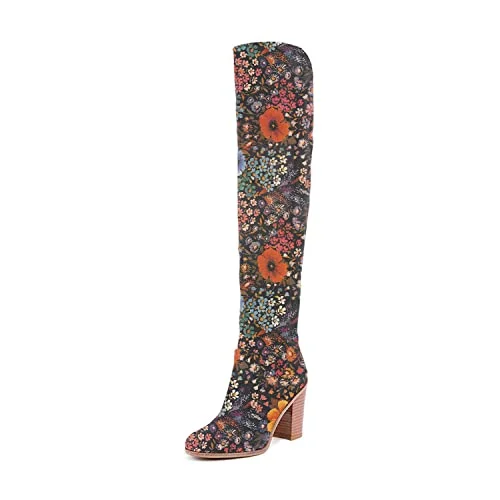Colorful Floral Printed Vegan Leather Round Toe Thigh-High Boots