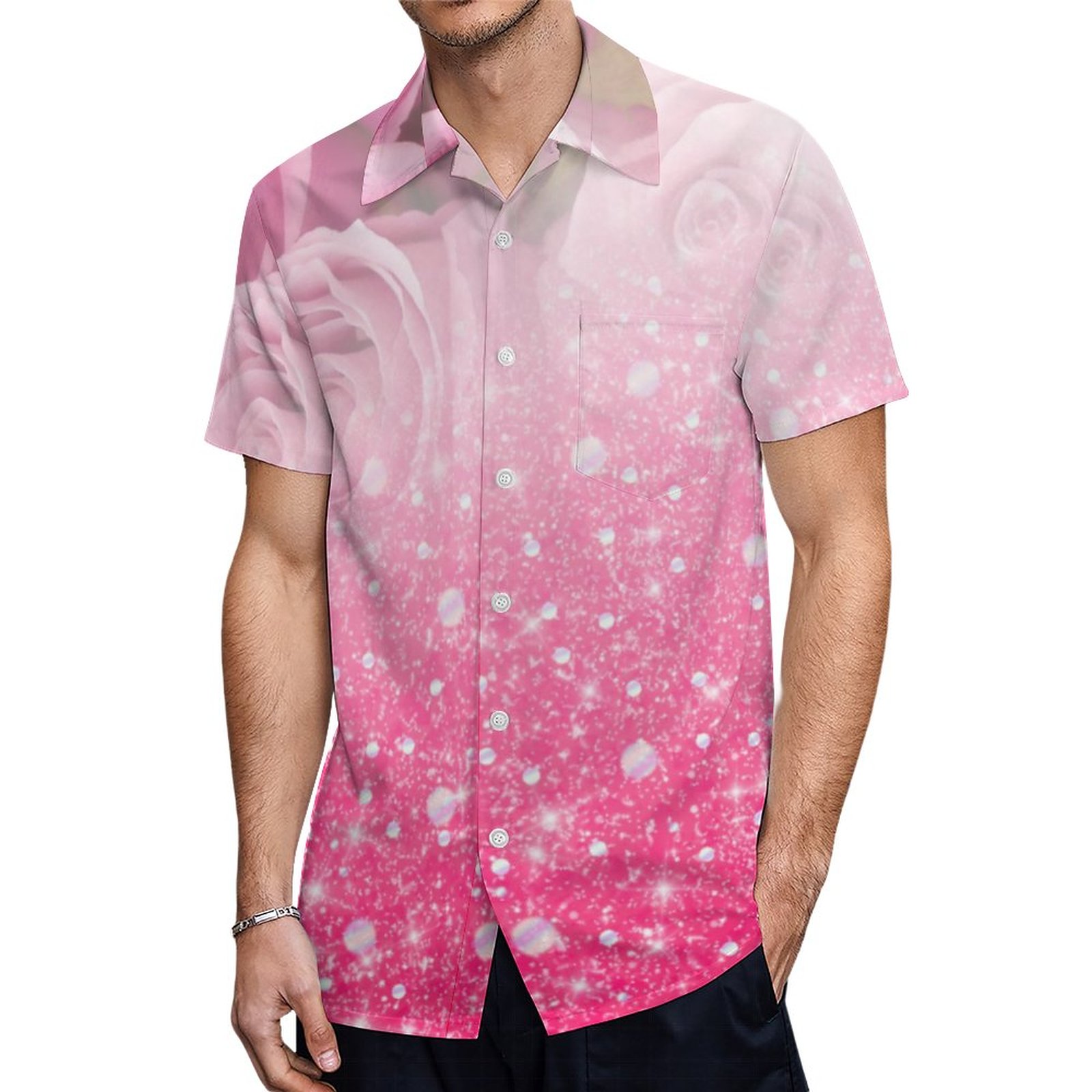 Pink Faux Sparkly Glitter Rose For Women And Girls Hawaiian Shirt Mens Button Down Tropical Hawaii Beach Shirts