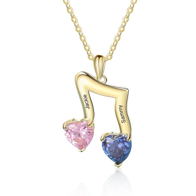 Personalized Music Note Necklace with 2 Birthstones Engraving 2 names