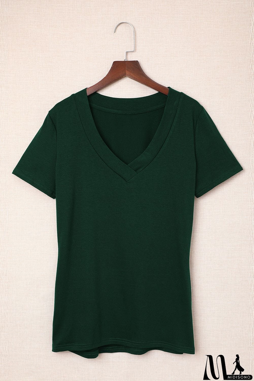MidiSono - Solid Color V Neck Bodycon T-shirt