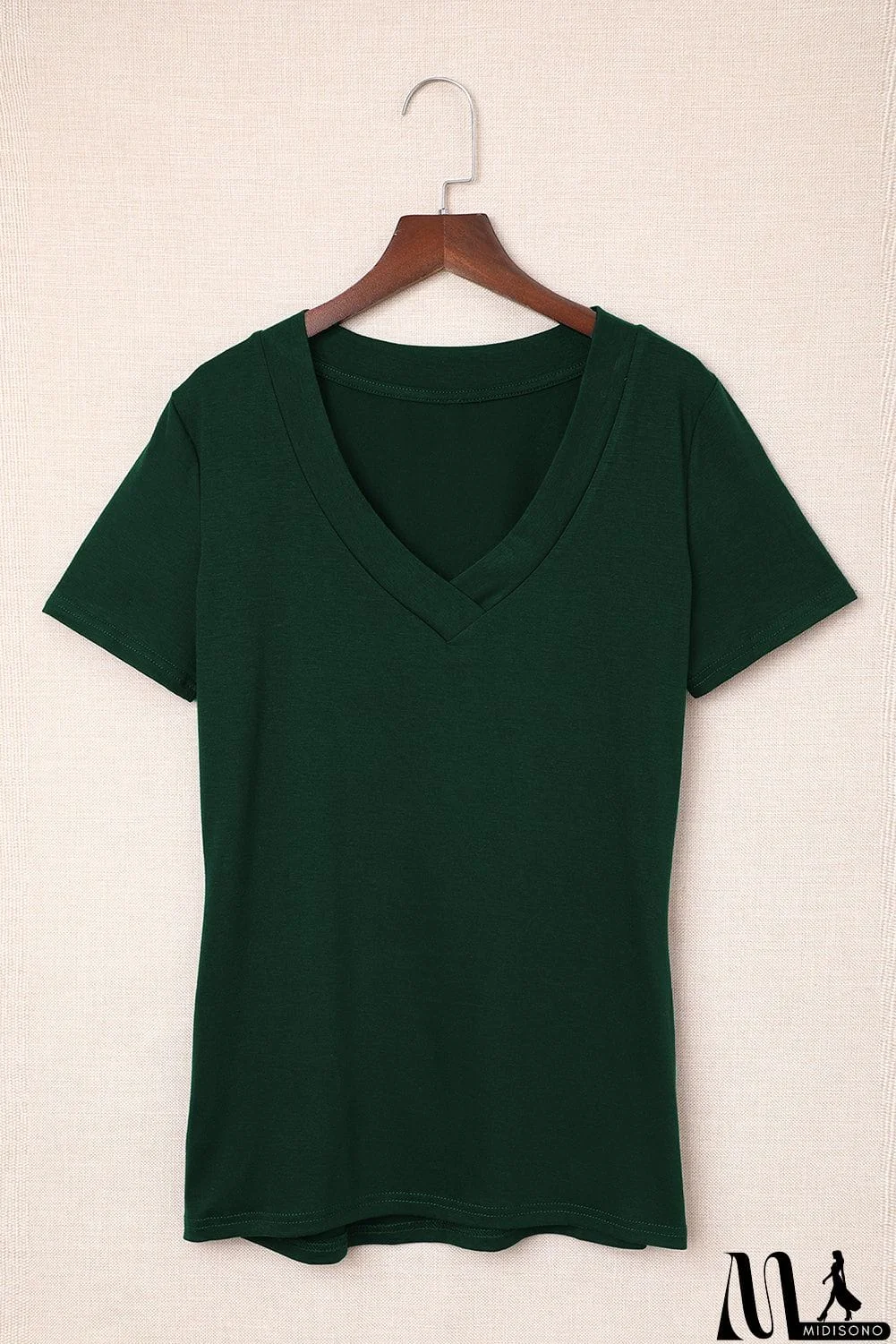 MidiSono - Solid Color V Neck Bodycon T-shirt