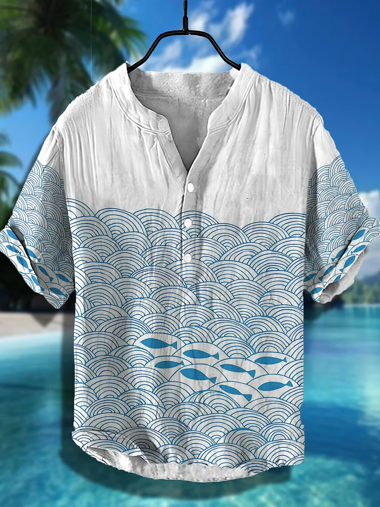 Men's Geometric Art Japanese Sea Wave Fish Print Half Button Shirt